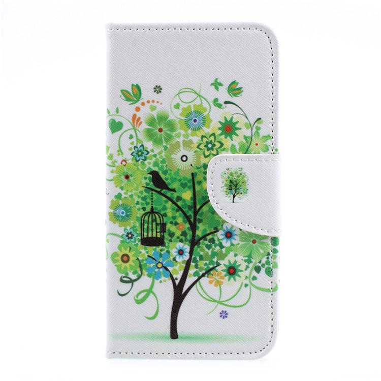 For Huawei Y3 (2017) Patterned PU Leather Card Slots Shell Case - Green Flowers Tree and Bird-3