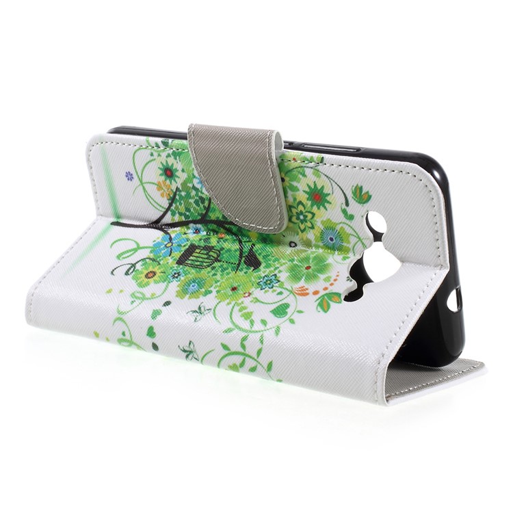 For Huawei Y3 (2017) Patterned PU Leather Card Slots Shell Case - Green Flowers Tree and Bird-5