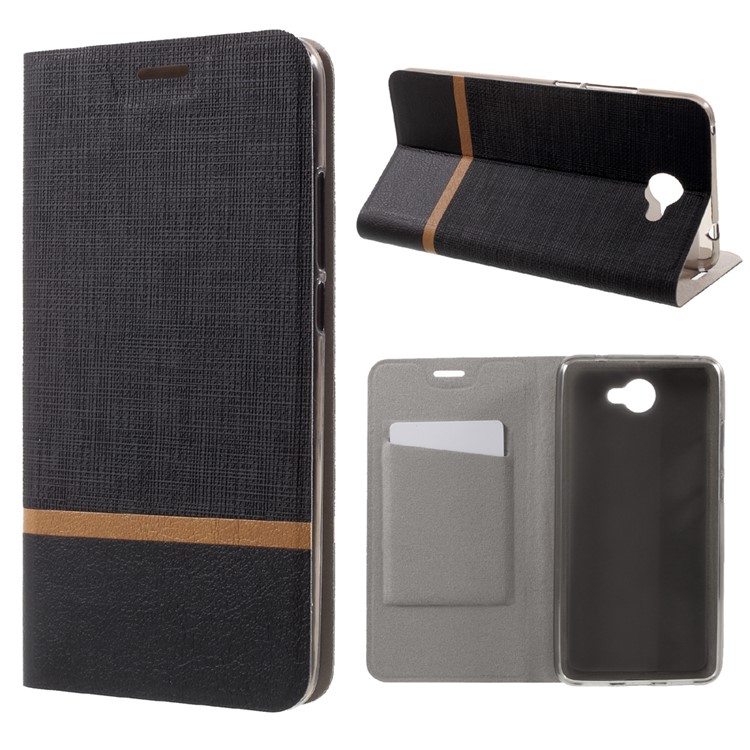 Bi-color Cross Texture Leather Stand Cover for Huawei Y7 Built-in Steel Sheet - Black-1