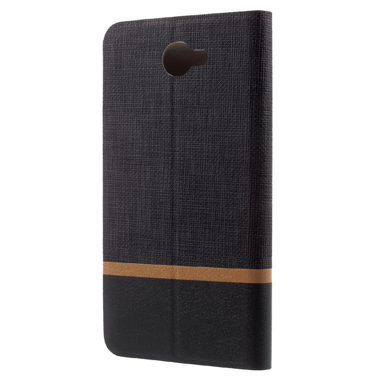 Bi-color Cross Texture Leather Stand Cover for Huawei Y7 Built-in Steel Sheet - Black-2
