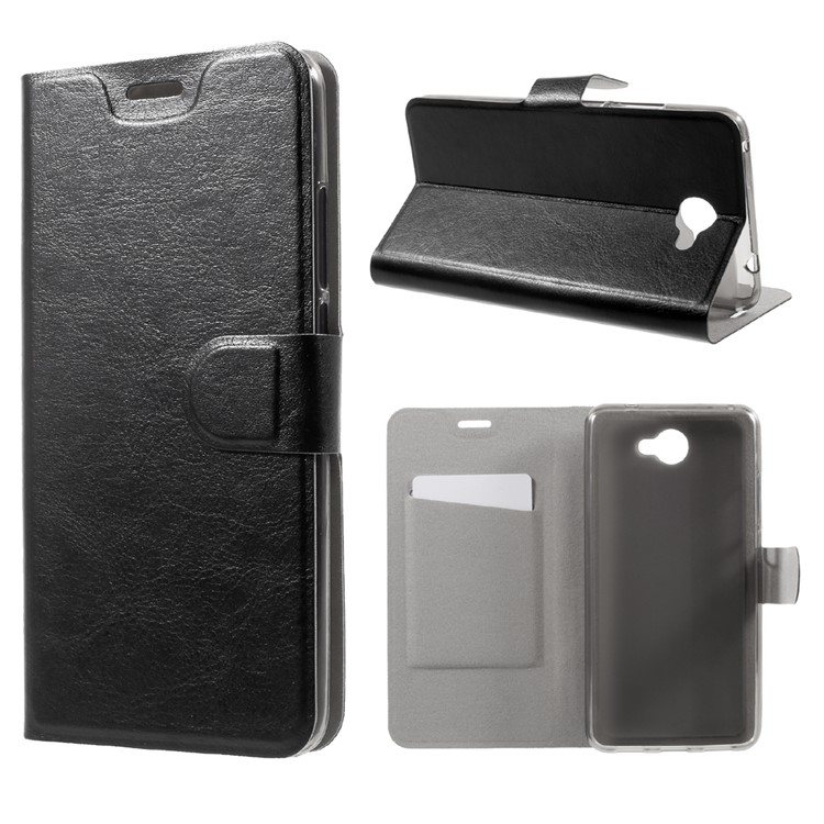 Crazy Horse Grain Flip Wallet Leather Cell Phone Casing Built-in Steel Sheet for Huawei Y7 - Black-1