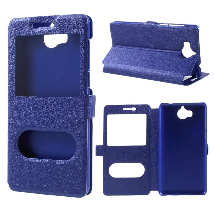 For Huawei Y5 (2017) Silk Texture Dual Window Leather Phone Casing - Black-1