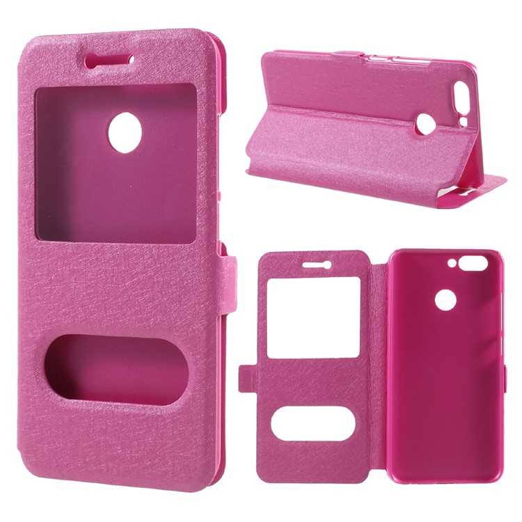 Silk Texture Dual Window Leather Phone Case for Huawei Nova 2 - Rose-1