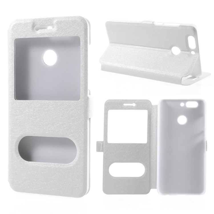 Silk Texture Double Window Leather Stand Flip Case for Huawei Nova 2 Plus - White-1
