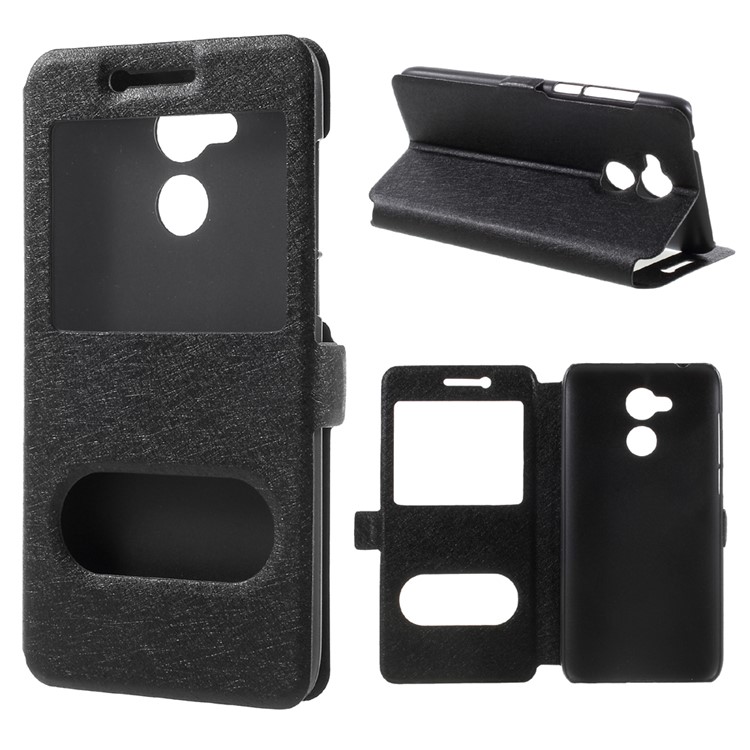 Silk Texture Dual Window Leather Phone Cover for Huawei Honor 6A - Black-1