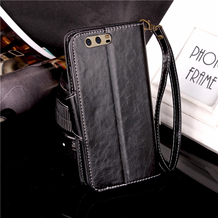 Button Closure PU Leather Wallet Phone Shell with Lanyard for Huawei P10 - Black-3