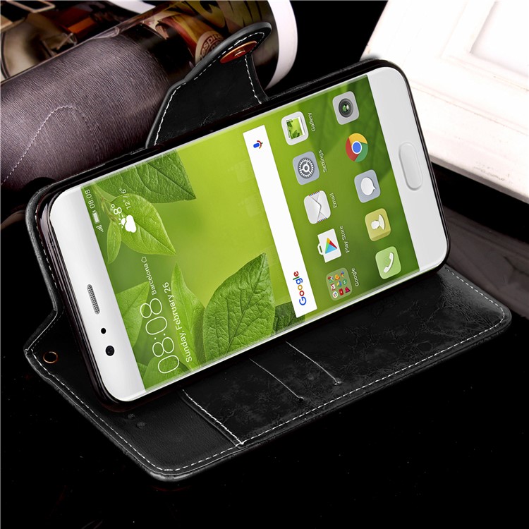 Button Closure PU Leather Wallet Phone Shell with Lanyard for Huawei P10 - Black-5