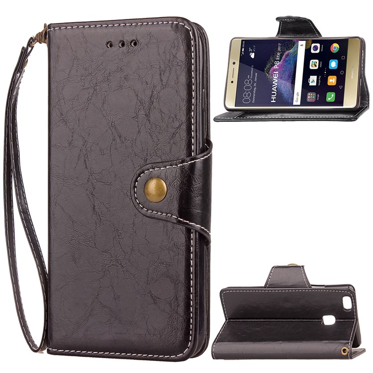 Button Closure PU Leather Wallet Phone Casing with Lanyard for Huawei P8 Lite (2017) / Honor 8 Lite - Black-1