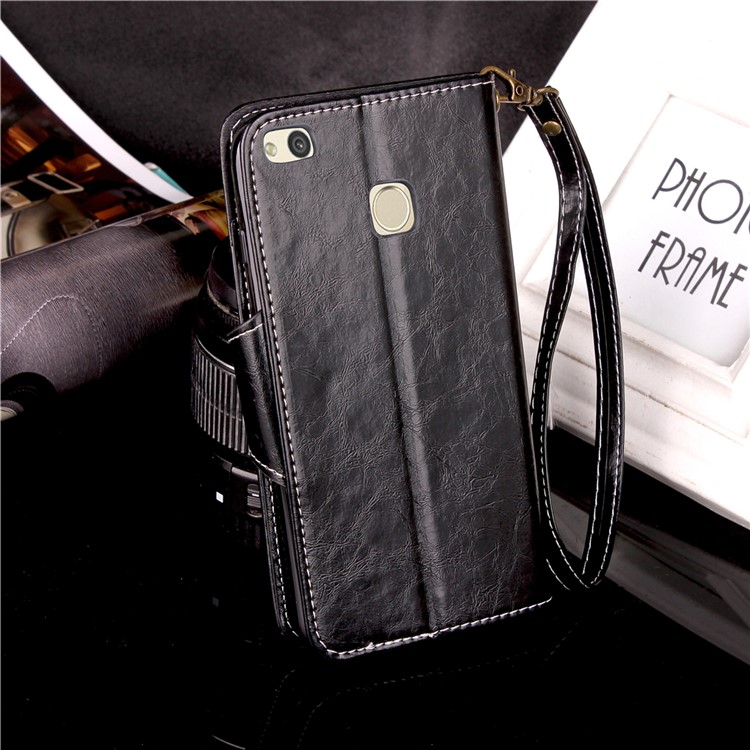 Button Closure PU Leather Wallet Phone Casing with Lanyard for Huawei P8 Lite (2017) / Honor 8 Lite - Black-4