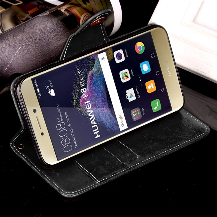 Button Closure PU Leather Wallet Phone Casing with Lanyard for Huawei P8 Lite (2017) / Honor 8 Lite - Black-6