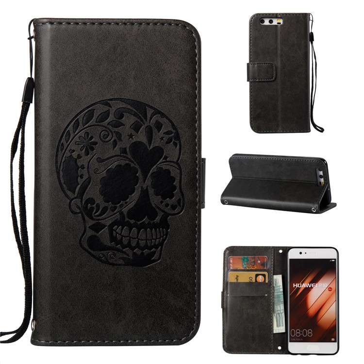 Imprint Skull Flower Pattern Leather Wallet Case for Huawei P10 - Black-1