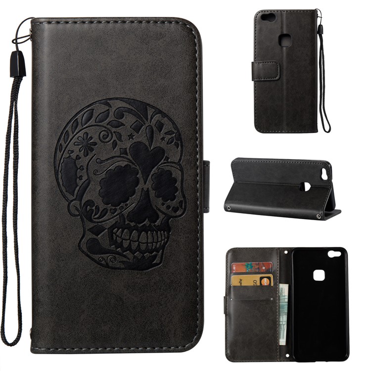 Imprint Skull Flower Pattern Leather Wallet Phone Cover for Huawei P10 Lite - Black-1