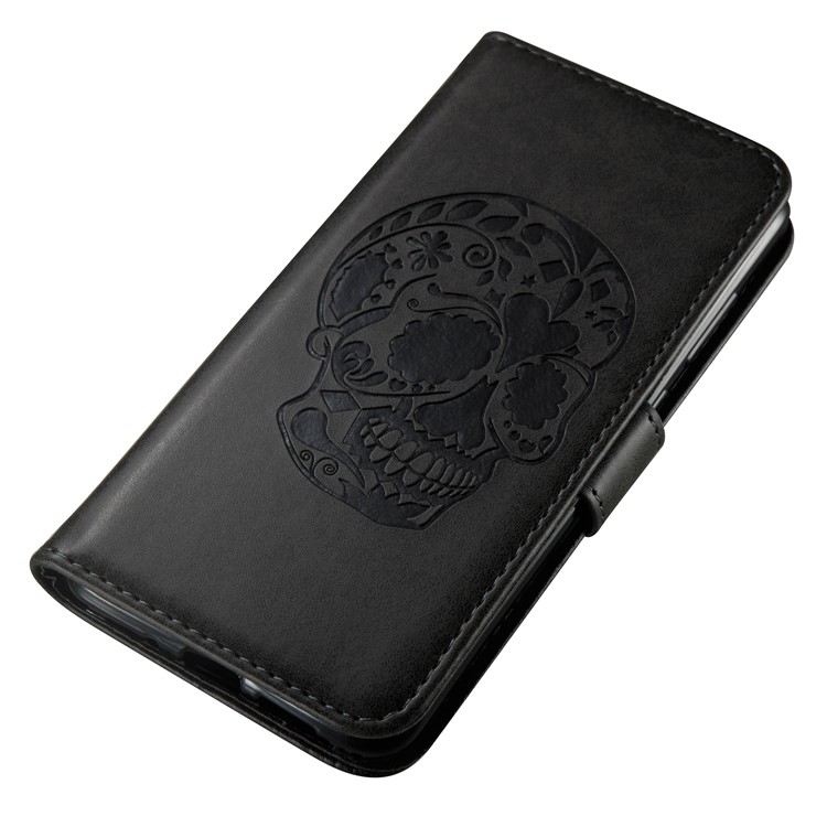 Imprint Skull Flower Pattern Leather Wallet Phone Cover for Huawei P10 Lite - Black-8