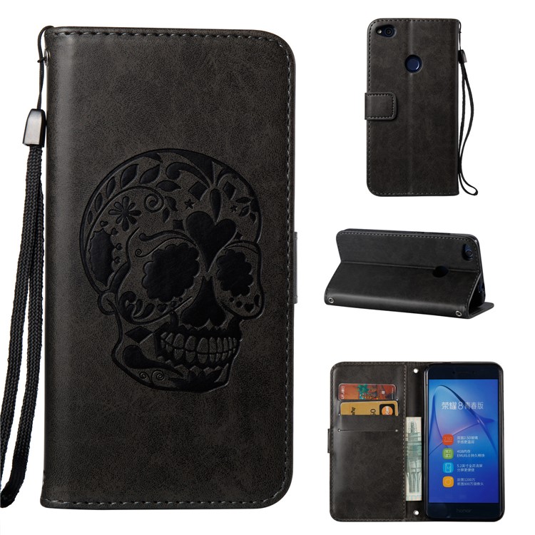 Imprint Skull Flowers Leather Wallet Cover for Huawei P8 Lite (2017) / Honor 8 Lite - Black-1