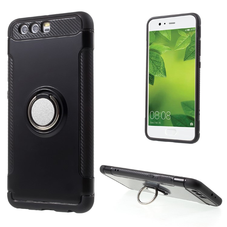 2-in-1 Carbon Fiber Texture (PC+TPU) Hybrid Kickstand Mobile Phone Case for Huawei P10 Plus - Black-1