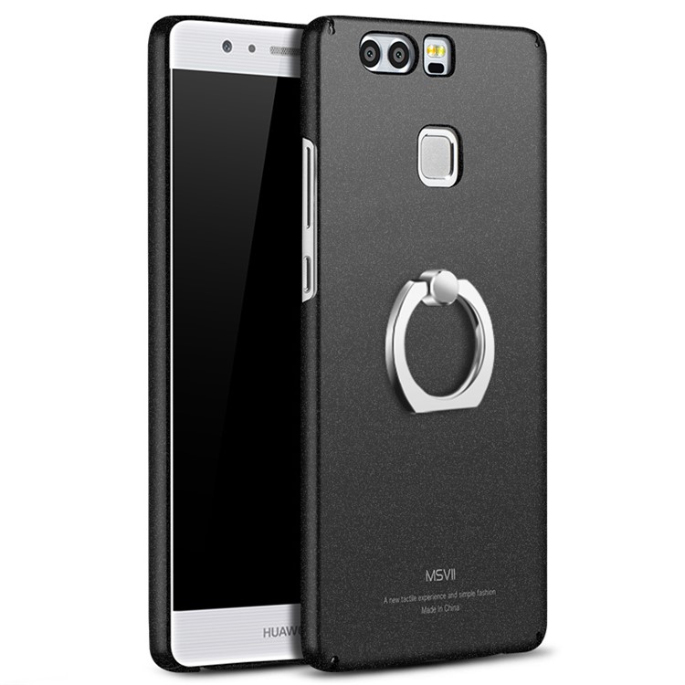 MSVII Ultra-thin Anti-fingerprint Matte Plastic Phone Accessory Case with Ring for Huawei P9 - Black-1