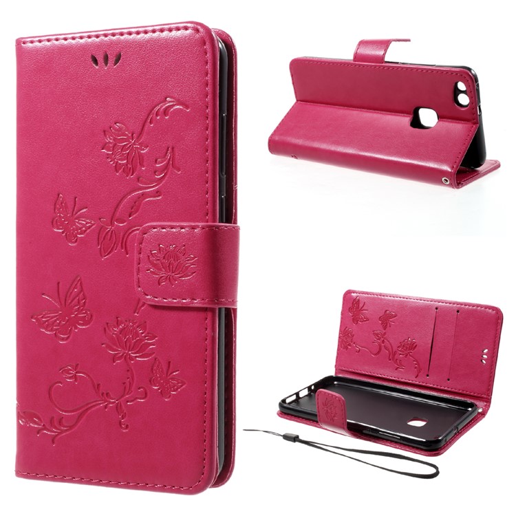 Imprint Butterfly Flowers Magnetic PU Wallet Leather Stand Cover for Huawei P10 Lite - Rose-1