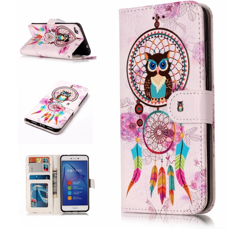 Pattern Printing Embossment Leather Mobile Phone Case for Huawei P8 Lite (2017) / Honor 8 Lite - Owl and Feather-2