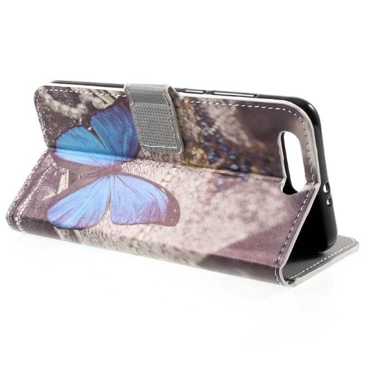 Cubierta de Stand de Billetera de Cuero PU Estampada Para Huawei Honor 9 - Mariposa Azul