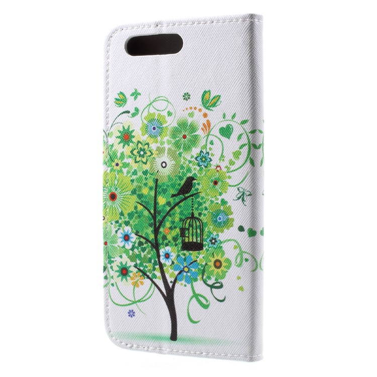 Cubierta de Billetera de Cuero PU Estampada Con Soporte Para Huawei Honor 9 - Flores Verdes Árbol y Pájaro-2