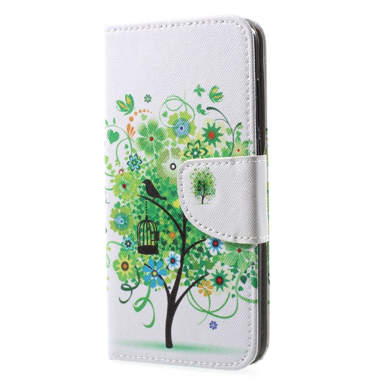 Cubierta de Billetera de Cuero PU Estampada Con Soporte Para Huawei Honor 9 - Flores Verdes Árbol y Pájaro-3