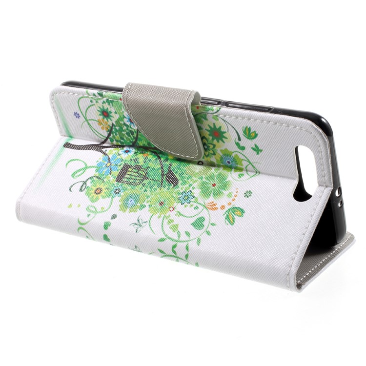 Cubierta de Billetera de Cuero PU Estampada Con Soporte Para Huawei Honor 9 - Flores Verdes Árbol y Pájaro-4