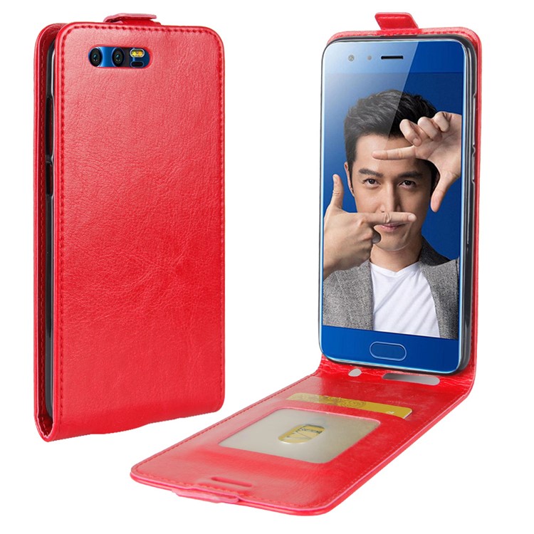 Crazy Horse Texture Card Holder PU Leather Vertical Flip Mobile Shell for Huawei Honor 9 - Red-1