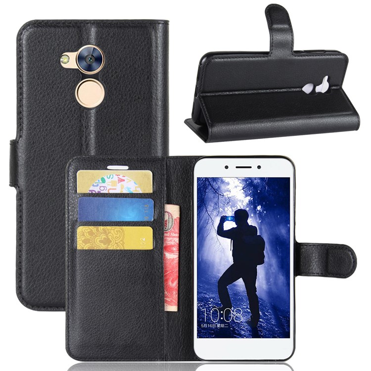 Litchi Skin PU Leather Wallet Stand Cell Phone Casing for Huawei Honor 6A - Black-1
