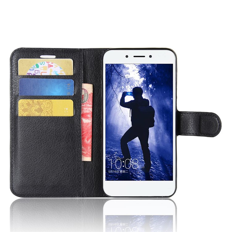 Litchi Skin PU Leather Wallet Stand Cell Phone Casing for Huawei Honor 6A - Black-4