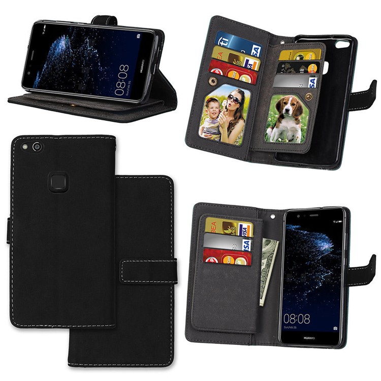 Matte Skin PU Leather Stand Wallet Phone Cover with 9 Card Slots for Huawei P10 Lite - Black-1