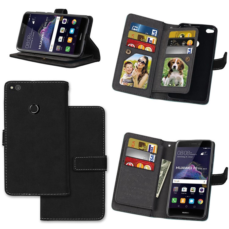 Para Huawei P8 Lite(2017) / Honor 8 Lite Cartera de cuero Matte Stand Case Shell con 9 titulares de tarjeta - Negro-1