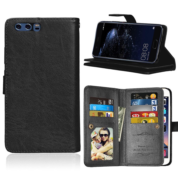 Crazy Horse Wallet Leather Folio Stand Phone Case with 9 Card Slots for Huawei P10 - Black-1