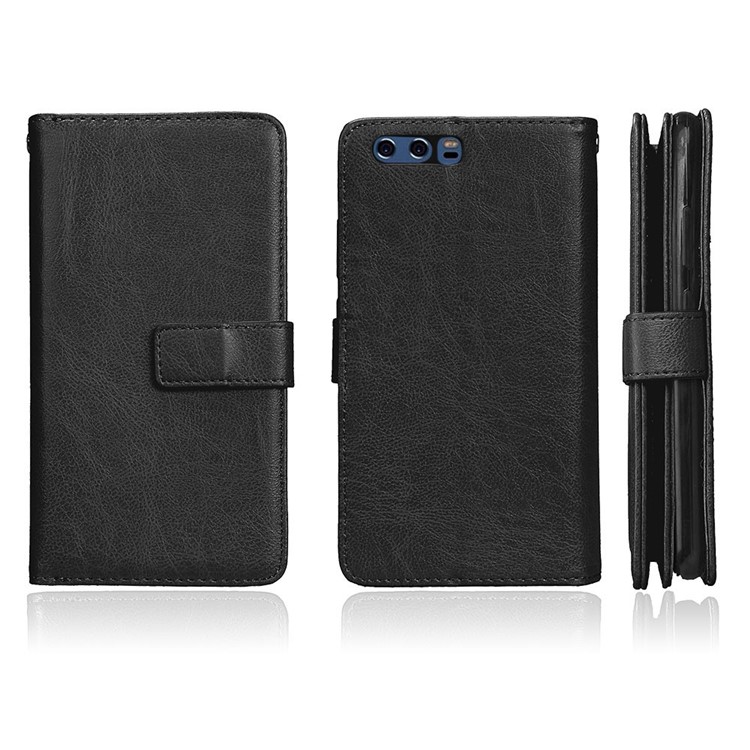 Crazy Horse Wallet Leather Folio Stand Phone Case with 9 Card Slots for Huawei P10 - Black-2