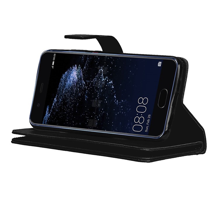 Crazy Horse Wallet Leather Folio Stand Phone Case with 9 Card Slots for Huawei P10 - Black-9