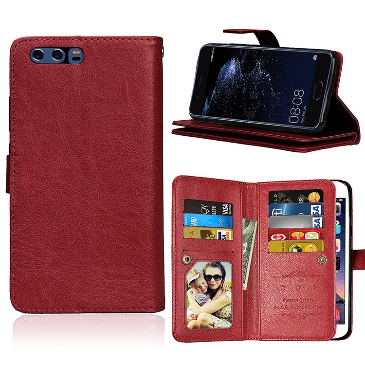 Crazy Horse Wallet Leather Folio Stand Phone Accessory Case with 9 Card Slots for Huawei P10 - Brown-1