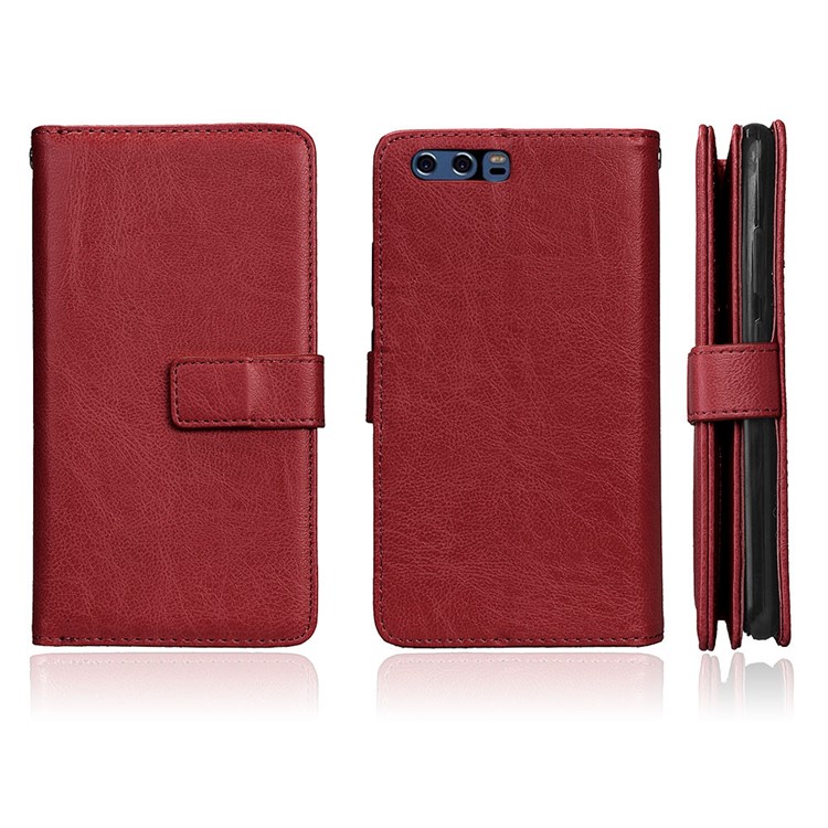 Crazy Horse Wallet Leather Folio Stand Phone Accessory Case with 9 Card Slots for Huawei P10 - Brown-2