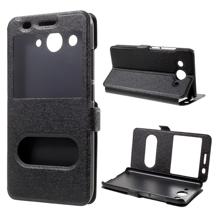 Silk Texture Dual Window Leather Phone Case for Huawei Y3 (2017) - Black-1