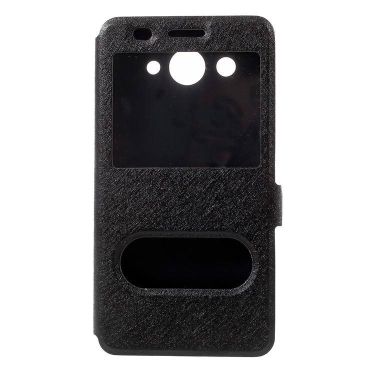 Silk Texture Dual Window Leather Phone Case for Huawei Y3 (2017) - Black-2