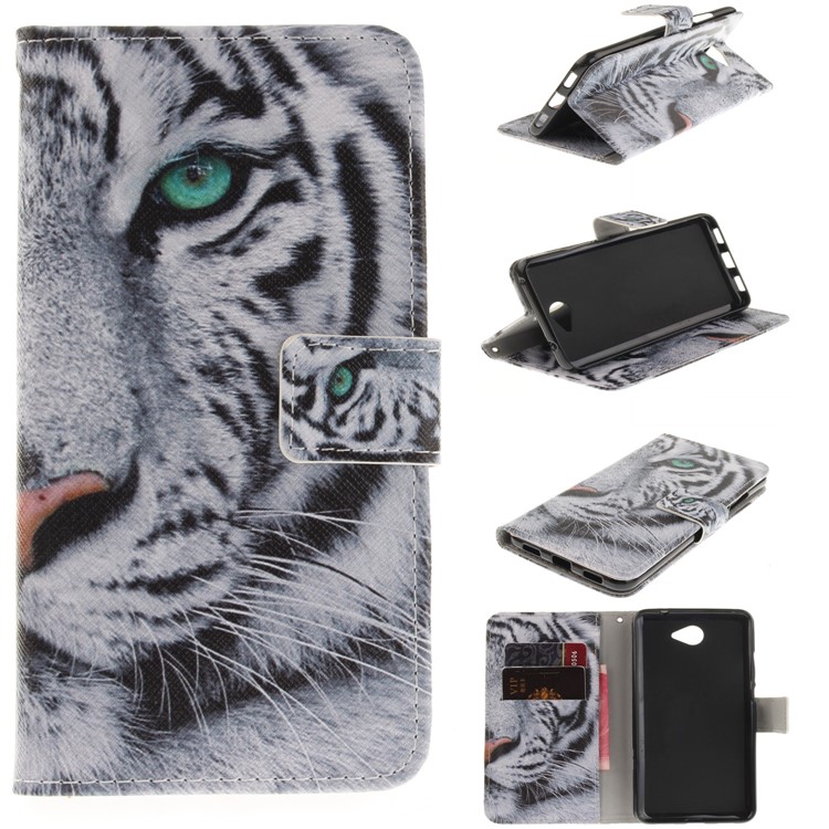 PU Leather Folio Mobile Phone Case Accessory for Huawei Y7 - Tiger with Green Eye-1