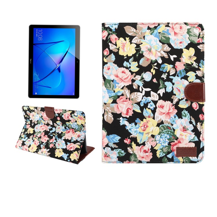 Blooming Flower Cloth Skin PU Leather Wallet Stand Case for Huawei MediaPad T3 10.0 - Black-1
