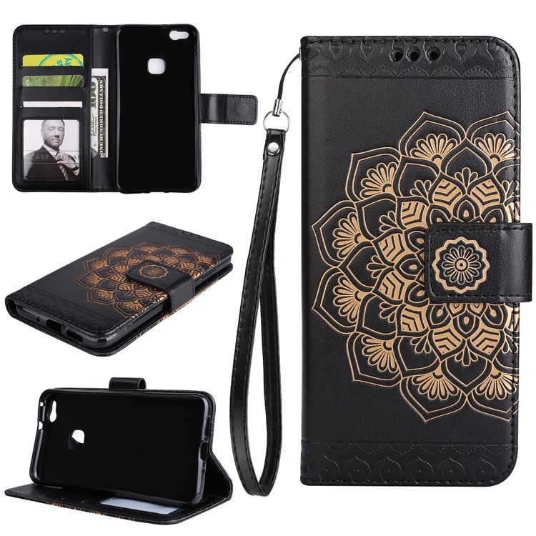 Imprint Henna Lotus Wallet Stand Leather Mobile Casing for Huawei P10 Lite - Black-1