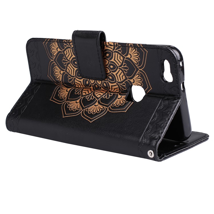 Imprint Henna Lotus Wallet Stand Leather Mobile Casing for Huawei P10 Lite - Black-7