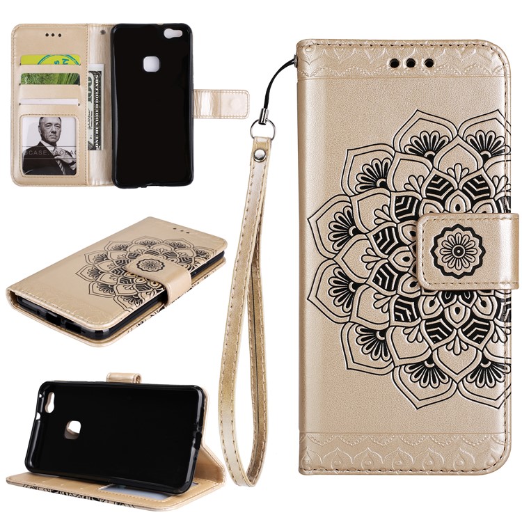 For Huawei P10 Lite Imprint Henna Lotus Wallet Stand Leather Mobile Phone Accessory Shell - Gold-1