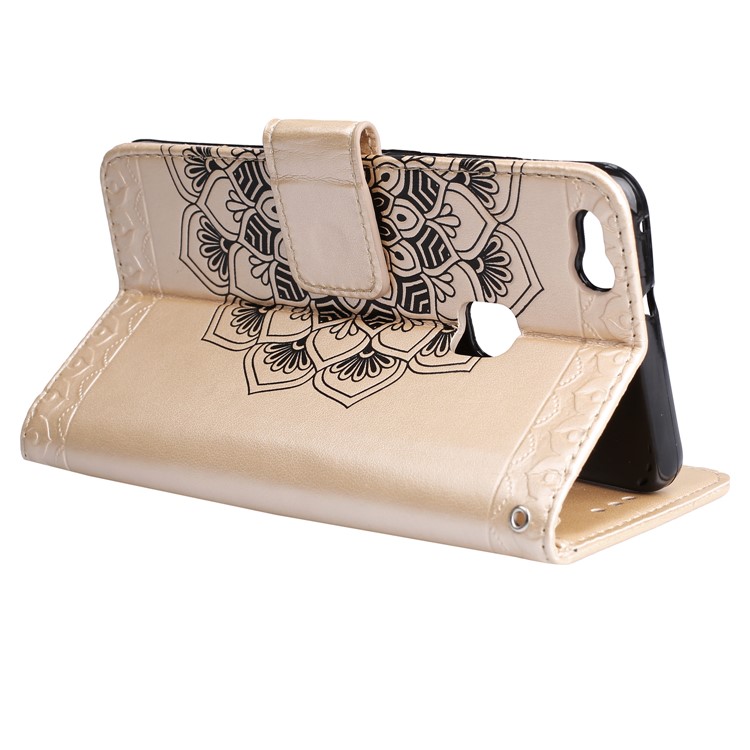 For Huawei P10 Lite Imprint Henna Lotus Wallet Stand Leather Mobile Phone Accessory Shell - Gold-7