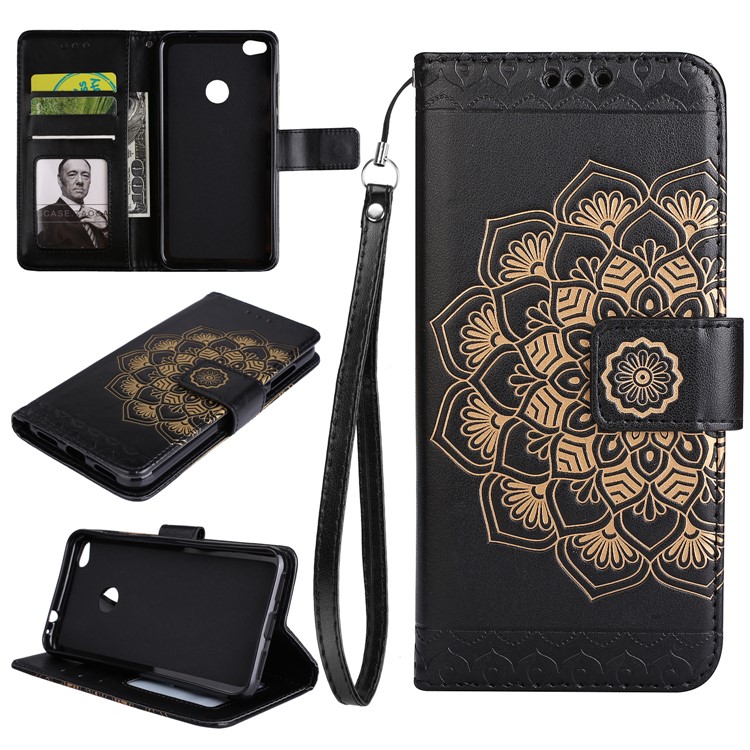 Imprint Henna Lotus Wallet Stand Leather Mobile Accessory Casing for Huawei P8 Lite (2017) / Honor 8 Lite - Black-1