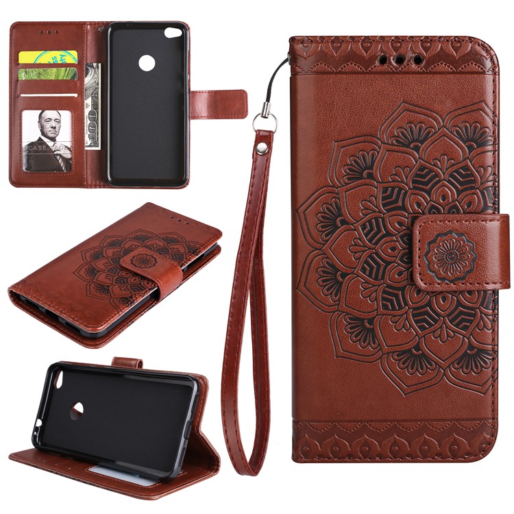 For Huawei P8 Lite (2017) / Honor 8 Lite Imprint Henna Lotus Wallet Stand Leather Mobile Casing - Brown-1