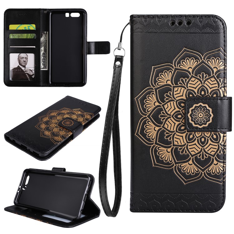 Imprinted Mandala Pattern PU Leather Wallet Cover with Stand for Huawei P10 - Black-1