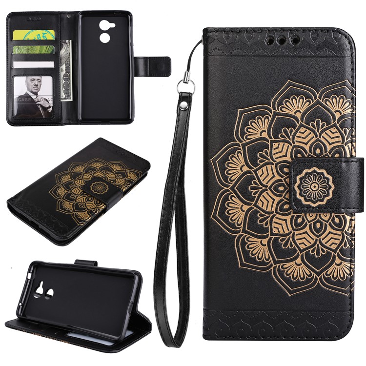 Imprinted Flower Pattern PU Leather Stand Wallet Phone Case for Huawei Honor 6c - Black-1