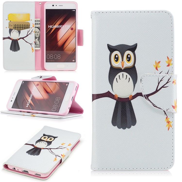 For Huawei P10 Pattern Printing Wallet Stand PU Leather Flip Cover Shell - Owl-1