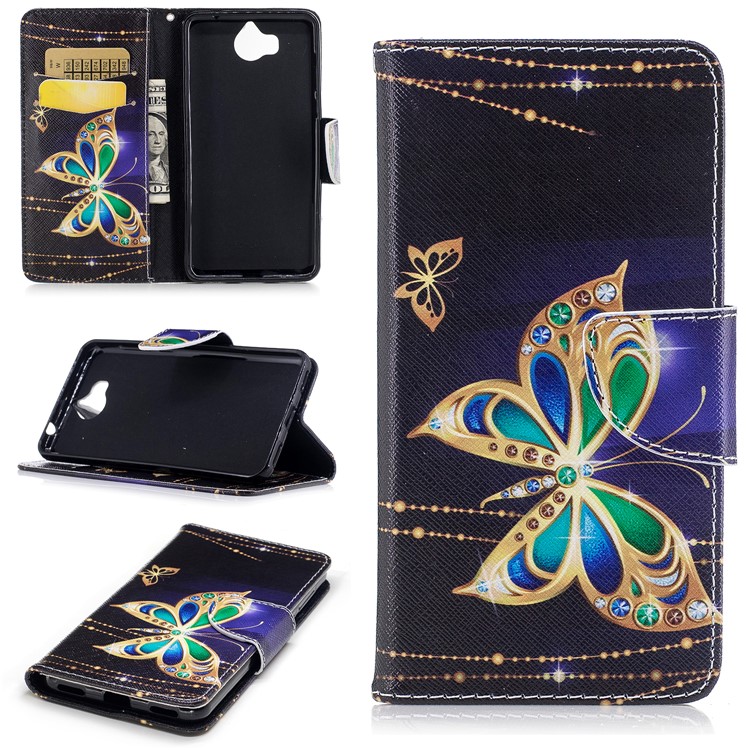Pattern Printing Magnetic Leather Wallet Phone Casing with Stand for Huawei Y5 (2017) - Butterfly with Diamond-1